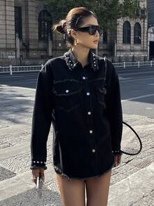 DAZY Women's Rivet Decor Long Sleeve Single-Breasted Frayed Hem Casual Denim Jacket Y2k - Black - View 7