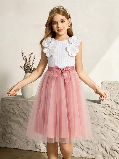 Girls' Elegant Dress With Floral 3D Shoulder Design, Waist Ruched, Soft Ribbed Fabric, Suitable For Daily Wear And Occasions Dusty Pink Dress For Girls Tween Girls Elegant Dress Girl Elegant Dress Lace Mesh Puff Skirt Flower Embellishment Dress