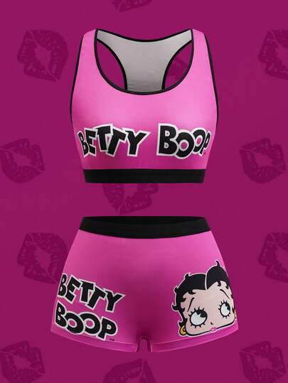 Betty Boop x SHEIN Women's Letter Pattern Scoop Neck Bra And Cartoon Figure Graphic Panty Set