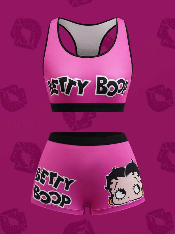Betty Boop x SHEIN ชุดชั้นในสตรีลายตัวอักษร คอกลม และกางเกงในลายการ์ตูน