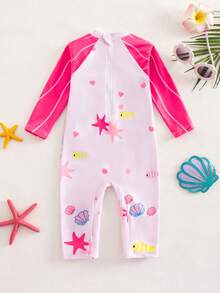 SHEIN 这款女婴连体长袖泳衣采用可爱百搭的美人鱼图案，非常适合休闲度假和春夏季节穿着。 - 彩色 - 查看 4