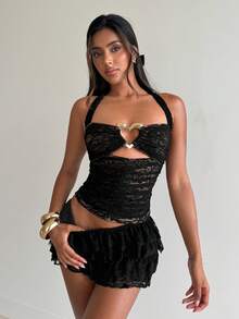 Aloruh 女士浪漫情人节优雅心形金属扣蕾丝吊带背心，情人节外出上衣，性感上衣，夜店派对上衣 - 黑色 - 查看 8