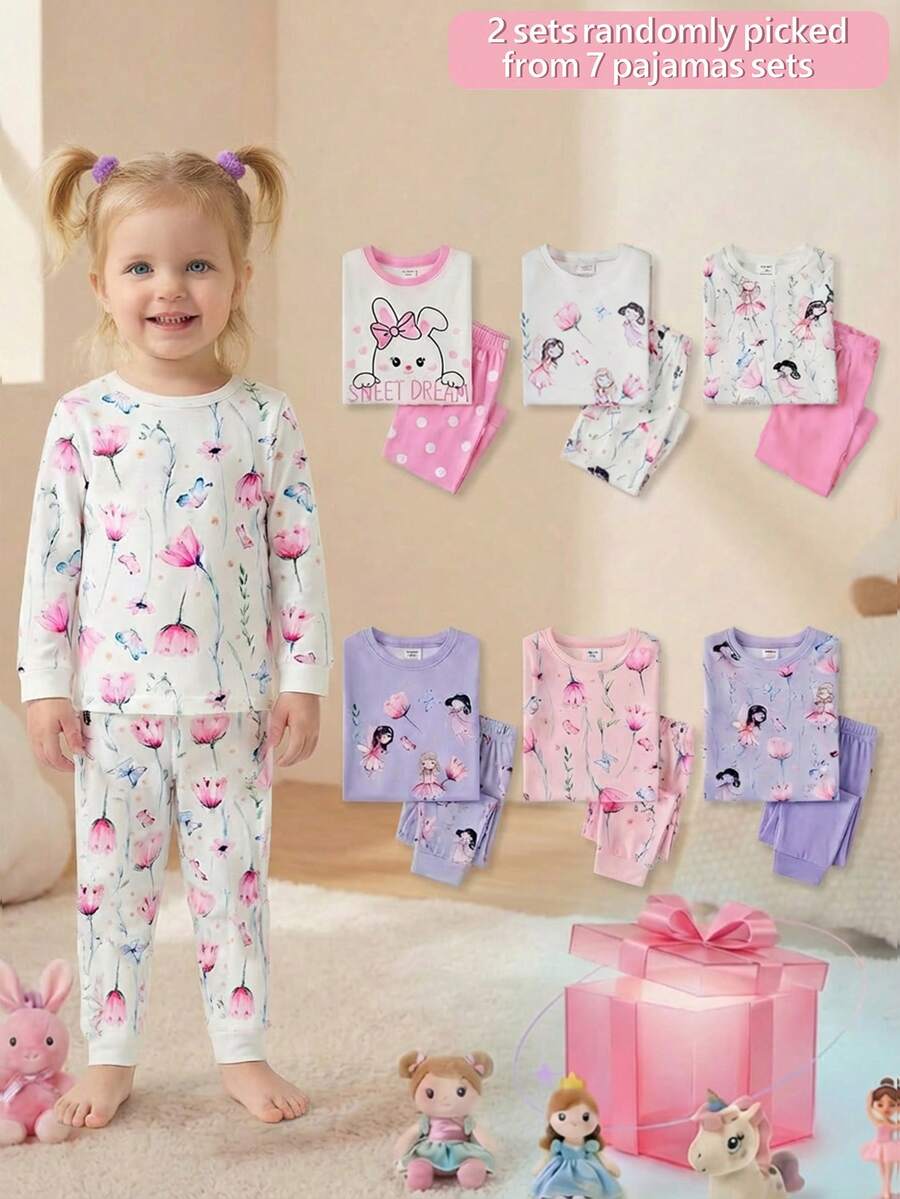 7pcs/Set Random 2pcs Girls Cute Floral & Fairy Print Fitted Long Sleeve Top And Pants Homewear Set - Multicolor - View 1