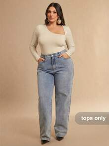 SHEIN BAE Plus Size Women Solid Color Long Sleeve Asymmetric Collar Bodysuit - Apricot - View 3