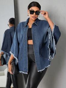 Slaydiva Plus Size Casual Washed Frayed Zip-Up Denim Jacket, Autumn - Blue - View 1