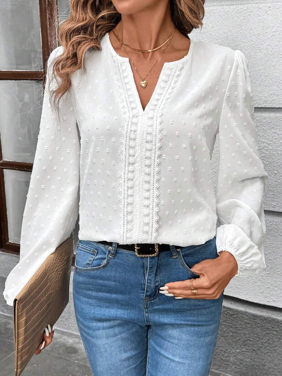SHEIN Clasi Áo kiểu nữ tay dài cổ khoét, chất liệu vải chấm bi Thụy Sĩ cắt laser, viền ren, thanh lịch, thoải mái, dáng rộng, thích hợp cho kỳ nghỉ xuân/hè, mùa hè, dành cho nữ, đi nghỉ mát, lễ hội. Áo trắng khoét cổ, chất liệu vải dệt họa tiết, cổ chữ V, tay dài kiểu đèn lồng, thiết kế thêu đắp, áo sơ mi thường ngày, áo đi nghỉ mát. - trắng - Xem 1