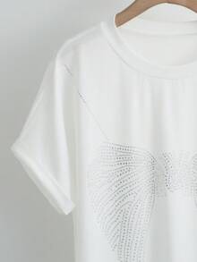 Franclia French-Style Rhinestone White T-Shirt,Short-Sleeved Elegant Loose Fashion Top,White And Silver,Summer,Effortless Chic,Party,Cute Outdoor Versatile Tee - White - View 6