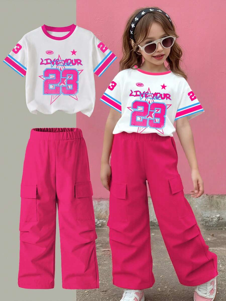 2pcs/Set Young Girls' Fashionable Numeric & Graphic Print White Tee + Magenta Cargo Pants, Casual & Comfortable, Matching Set - Multicolor - View 1