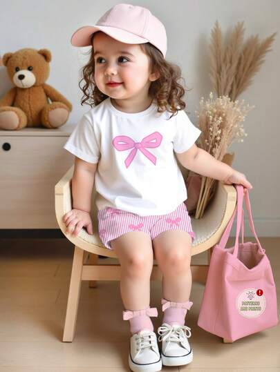 2pcs/Set Baby Girl Casual Cute Bow Decor, Pink Striped Round Neck Short Sleeve T-Shirt And Leggings Set, Suitable For Spring/Summer, Daily Wear, Vacation, Travel 100 Cotton Two Piece Set For Baby Girls Pink Bow Baby Outfit Baby Girl Clothes Summer Cotton Pink White Solid Colors Baby Girls Bow Tshirts
