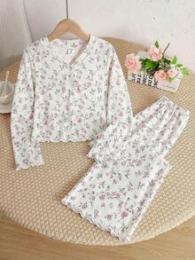 SHEIN Tween Girl Cute Sweet Minimalist Colorful Bow Pattern V-Neck Half-Open Front Ruffle Long Sleeve Soft Comfortable Pajama Set, 2pcs, Two Piece Sleepwear Set Floral Pajama Set, All Over Floral Pant Set, Pajamas Set Two Piece - Baby Pink - View 2