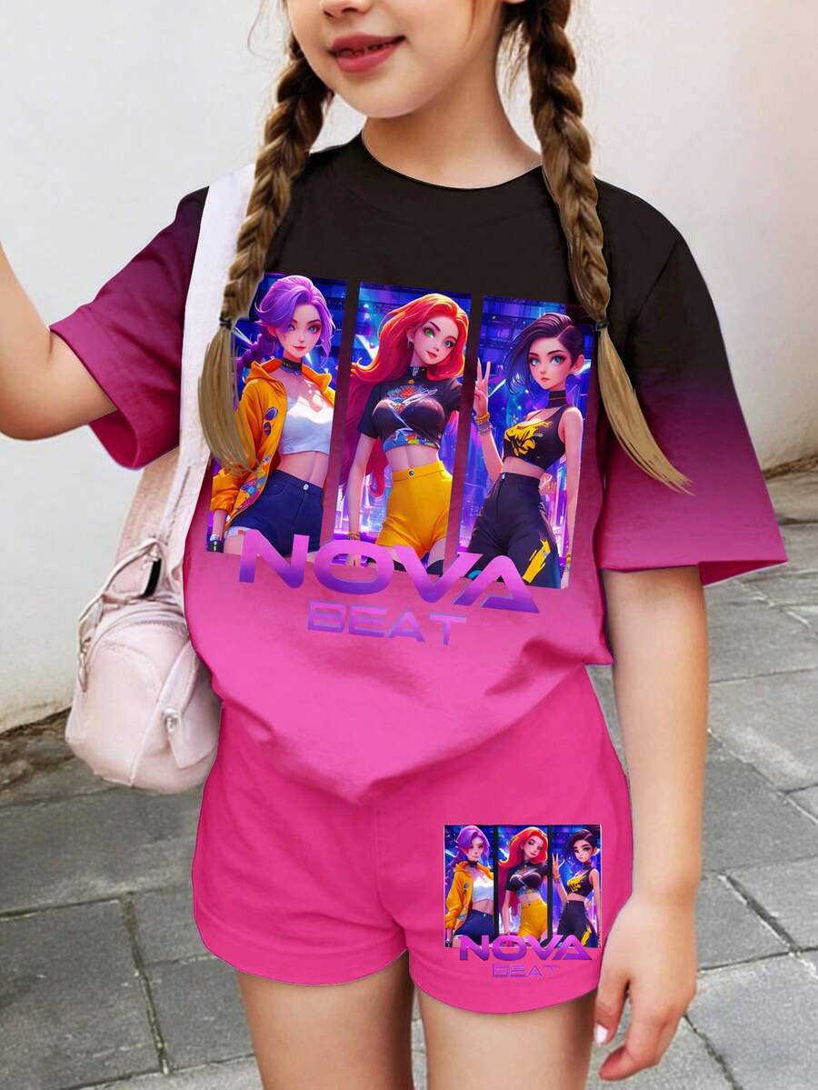 2pcs/Set Ombre Pink Cartoon Girl Graphic Tee And Shorts, Casual K-Pop Inspired Summer Outfit For Tweens - Multicolor - View 1