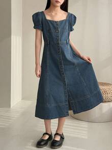 Dazy Kids Gaun Denim Lengan Mengembang Kerah Persegi untuk Anak Perempuan Remaja - Biru - View 4