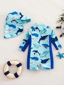 2pcs Baby Boy Swimsuit Set,Whale Cartoon Long-Sleeved Rash Guard With Hat,UPF Sun Protection,Cute Summer Holiday Beach Wear,Aqua Blue Kids Swimwear - Blue - View 5