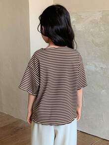 Dazy Kids Young Girl Summer Casual Everyday Commute Striped Print Loose Fit Lettuce Trim T-Shirt - Brown - View 5