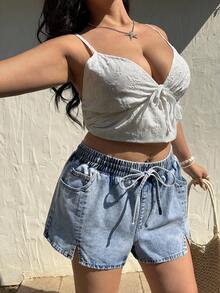 Sunnyshic 大码女式休闲松紧腰系带牛仔短裤，夏季 - 淺色水洗藍 - 查看 4