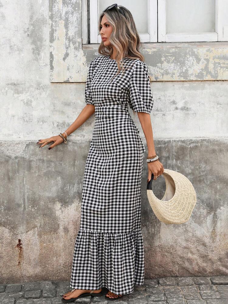 SHEIN PariChic Vestido midi con espalda abierta, lazo en la cintura y mangas abultadas con estampado de cuadros retro francés para mujer - Perfecto para vacaciones y oficina - Blanco y Negro - Añade 5