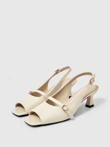 Sleekvia Tacones altos elegantes minimalistas de punta cuadrada, tacón de aguja, punta abierta, correa con hebilla, sin talón, color beige, para primavera/otoño - Beis - Ver 10