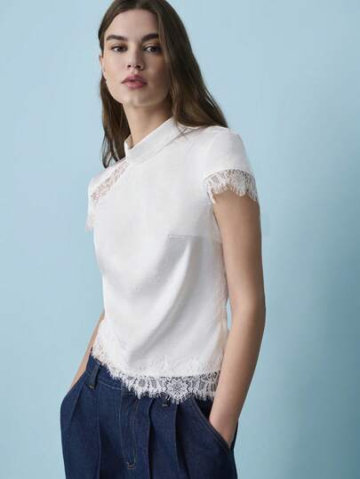 Nöista 女士蕾丝高领修身上衣，饰有透视花卉拼接和精致睫毛蕾丝边。优雅妩媚，是情人节装扮、约会之夜、派对或精致晚装的理想之选。