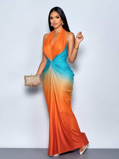 SOLERSUN Women's Spring/Summer Fashion Casual Elegant Vacation Beach Music Festival V-Neck Elastic Elegant Fashionable Long Dress For Women Deep V Dress Ombre Dress Plunge Dress Halter Neck Dress Blue Maxi Dress Summer Sleeveless Printed Dress Beach Vacation Dress