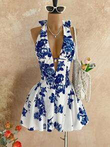 Soleia 女士波点V领镂空腰A字迷你连衣裙，适合派对、圣诞节、约会、夜店、波西米亚风、度假、秋季等场合。 - 藍白色 - 查看 4