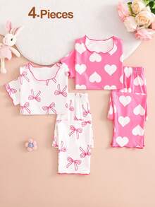 2pcs/Set Girls' Cute Bow & Heart Print Short Sleeve Pajama Set, Home Clothes