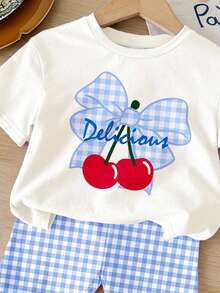 SHEIN Happikins Girl Casual Minimalist Short Sleeve Top & Shorts 2 Pieces Set, Suitable For Summer - Multicolor - View 4