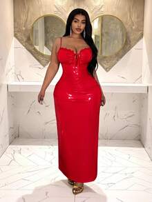 Slaydiva Mới/Lễ Phục Sinh/Phong cách phương Tây/Ngày lễ Năm Mới/Ngày Valentine/Thời trang đường phố gợi cảm dành cho nữ/Đầm ôm sát gợi cảm Gyaru dành cho ngày Valentine cỡ lớn bằng chất liệu PU, dây mảnh - Màu đỏ - Đỏ - Xem 9