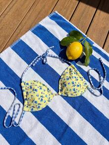 Swim Mod Women's Fashionable & Cute Vacation Beach Pool Party Plaid & Floral Pearl Halter Triangle Bikini Top - Multicolor - View 3