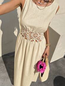 SHEIN Frenchy Đầm không tay cổ tròn, eo khoét rỗng, màu trơn dành cho nữ, thích hợp cho kỳ nghỉ. - Màu be - Xem 5