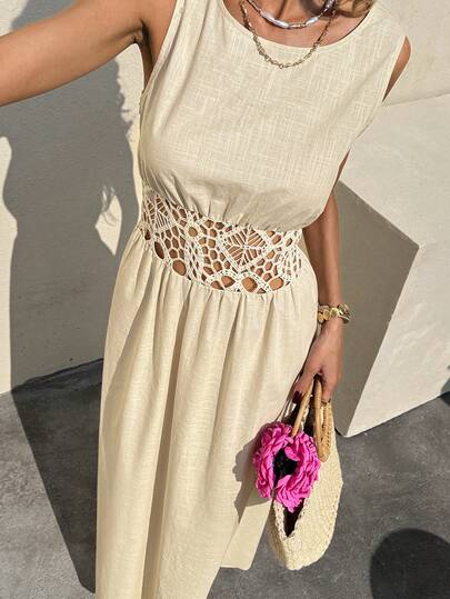 Serisse Women's Solid Color Round Neck Waist Hollow Design Sleeveless Dress, Vacation