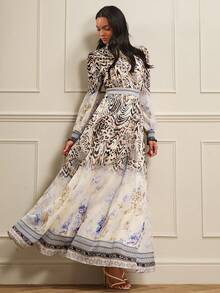 Lilora 优雅高端薄纱飘逸豹纹与花卉融合立领纽扣收腰喇叭泡泡袖连衣裙，女士款 - 彩色 - 查看 6