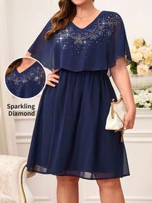 Miaspire Đầm dự tiệc cỡ lớn sang trọng đính đá lấp lánh, eo thon. - Màu xanh hải quân - Xem 5