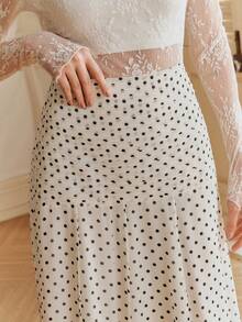 Anewsta Elegant Polka Dot Print Design High-Quality Women's Skirt, Spring/Summer - White - View 4