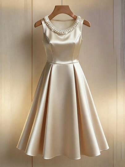 SHEIN Franclia 女士优雅珍珠装饰无袖A字连衣裙，杏色，适合春夏派对