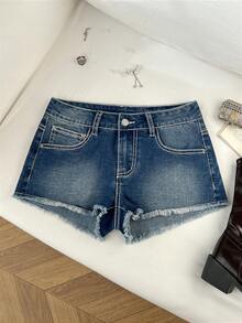 Elamini Y2K Fashion Casual Embroidered Low-Waist Denim Shorts - Medium Wash - View 2