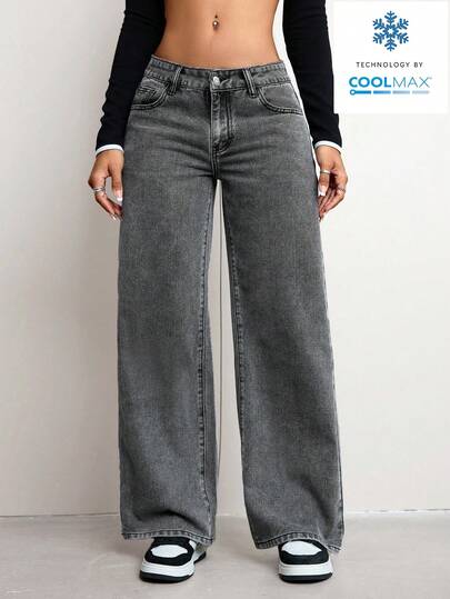 SHEIN ICON 女士休闲日常水洗斜插口袋直筒牛仔裤