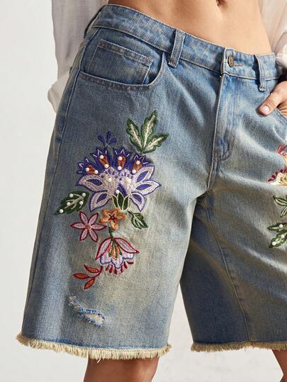 Bohemela Boho Winter / Spring / Summer Casual Solid Color Loose Heavy‑Embroidered Woven Women's Denim Shorts, American Street Style, Western Country Style, Concert & Party Wear, Suitable For Beach Vacations, Daily Wear, Back To School, Outings, Cycling, Parties, New Year, Valentine's Day, Carnival, Music Festivals, And Other Occasions.