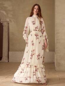 MOTF PREMIUM WOMEN'S FLORAL PRINT LAYERED RUFFLE HEM MID-LENGTH SLEEVE MOCK NECK MIDI DRESS, SPRING/SUMMER - Apricot - View 3