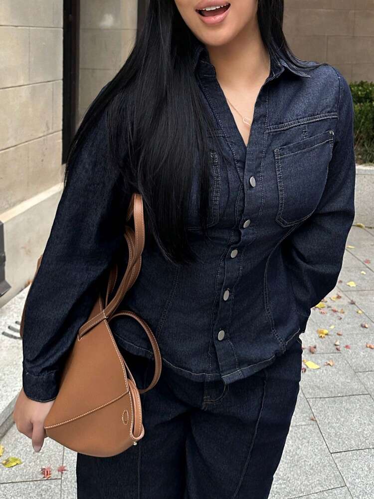 Dazy Plus Plus Size Women 2-Piece Vintage Washed Blue Denim Set - Collared Fitted Shirt Top & Long Straight Leg Jeans