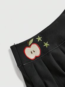 ROMWE Kawaii 女士可爱学院风百搭褶皱迷你裙，饰有苹果和星星刺绣，超低腰 - 黑色 - 查看 3