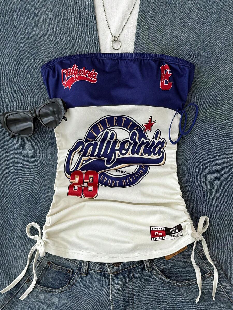 Teen Girl Casual College Print Drawstring Tie-Front Cropped Camisole Top - Multicolor - View 1