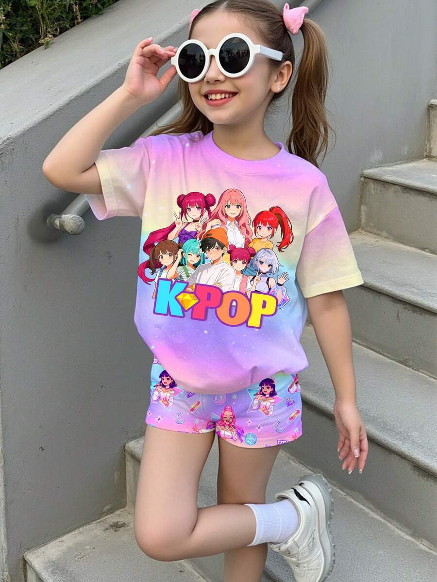 SHEIN 2件套少女K-Pop女团字母星星印花休闲圆领T恤和短裤,适合节日、派对、日常穿着、演唱会等场合。 - 彩色 - 查看 1