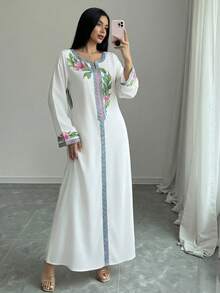 Yasmyna Women's Elegant Floral Print Notch Neck Loose Dress, Autumn - Multicolor - View 7