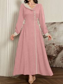 Modelyn Vestido elegante con cordón ajustable en la cintura y tirantes delgados con ribete de color contrastante - Rosa - Ver 2