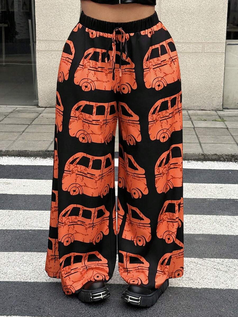 Maweii Plus Size Summer Casual Vacation Car Print Loose Wide Leg Pants - Multicolor - View 1