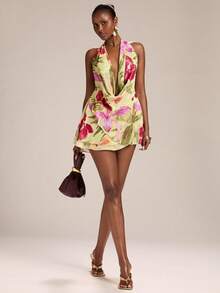 SHEIN BAE Women's Yellow Base Tropical Floral Print Halter Tie Back A-Line Mini Dress, Spring/Summer - Yellow - View 5