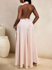 BamGleam Women Elegant Peach Pink Summer 2-Piece Set,Halter Draping Collar Sleeveless Open Back Top & Loose Wide-Leg Pants,Casual Chic Brunch Outfit Graduation - Apricot - View 2