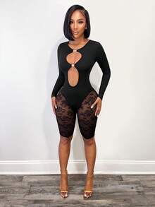 BamGleam Women's Black Lace Patchwork Hollow Out Round Neck Long Sleeve Jumpsuit,Autumn Club Rave Outfits,Spring Vacation Beach Holiday Clothing For Women - Black - View 2
