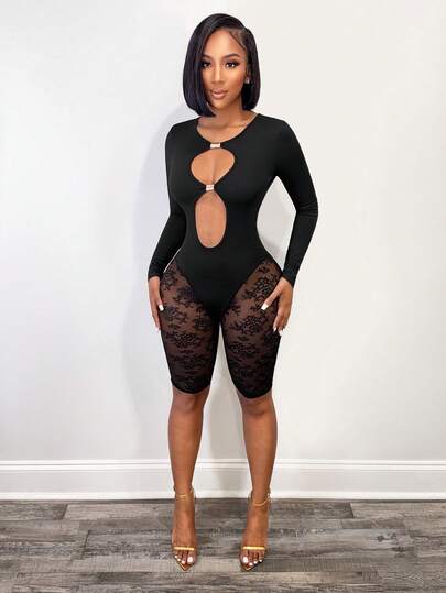 BamGleam Women's Solid Color Lace Patchwork Hollow Out Round Neck Long Sleeve Jumpsuit