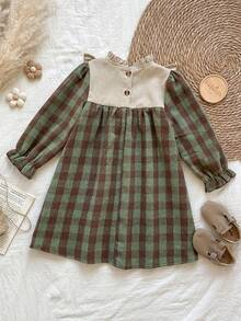 Vintaside Kids 女童休闲可爱格子图案3D立体花卉装饰长袖连衣裙，适合春、秋、冬三季室内外穿着，日常百搭。 - 綠色 - 查看 2